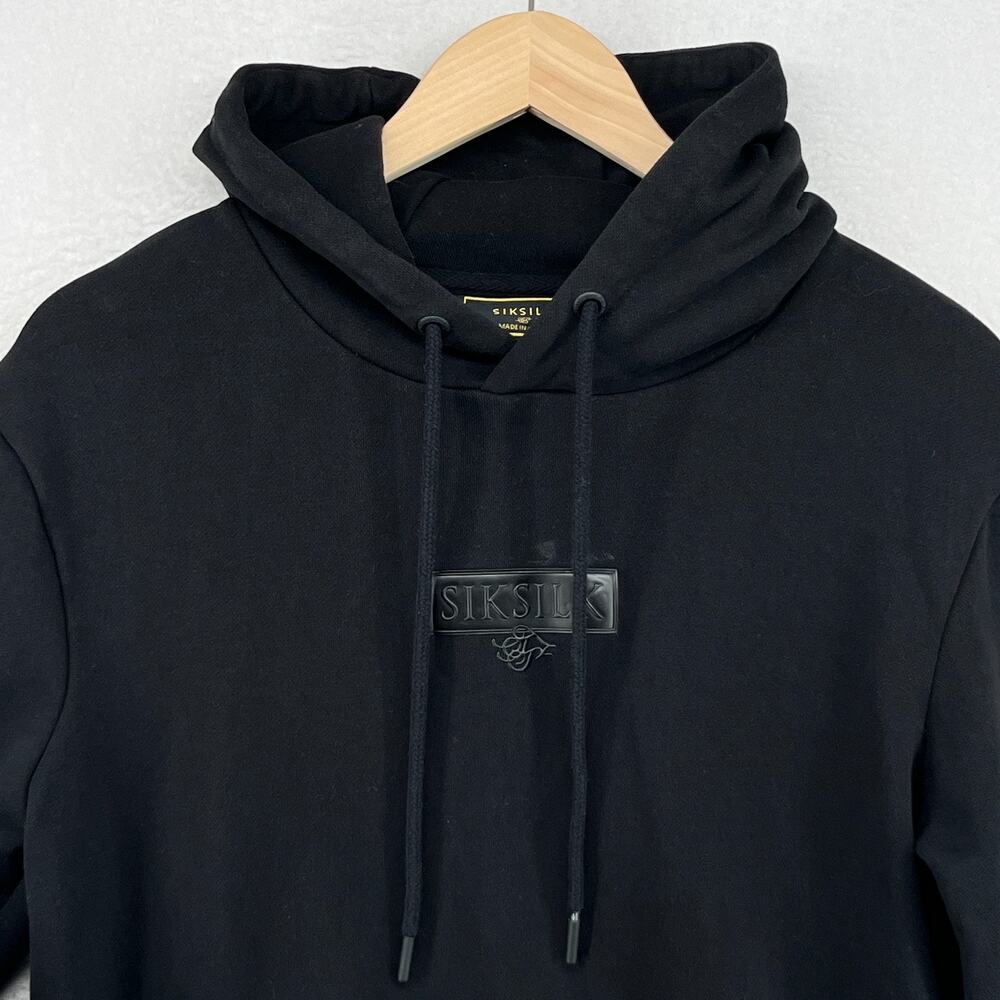 SIKSILK Hoodie Mens M Debossed Print Overhead Terry Sweatshirt Cotton Black